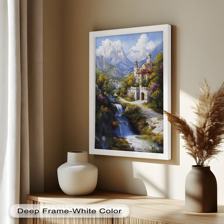 Mountain Abbey by the Falls – Serene Renaissance Oil Painting