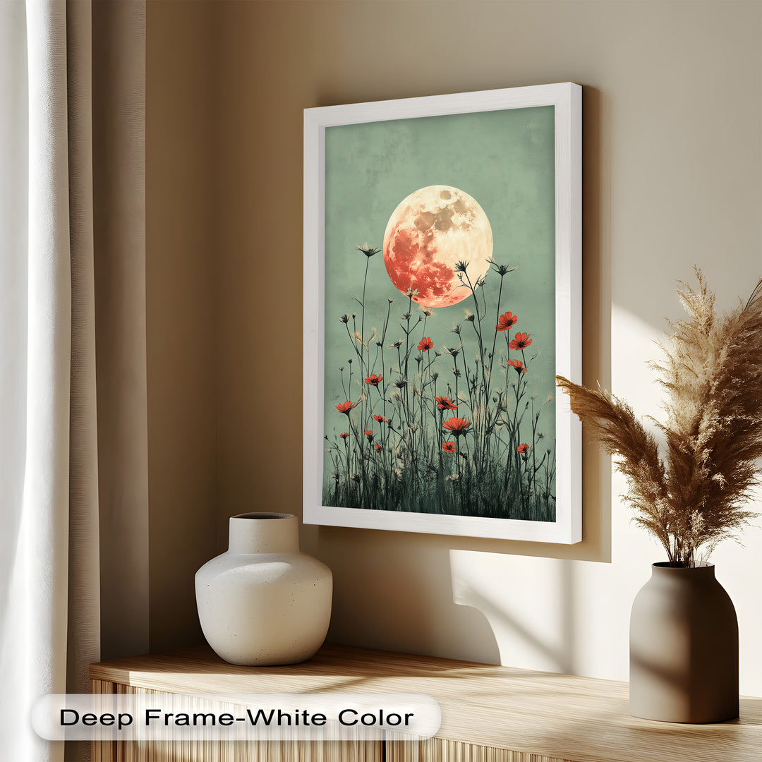 Celestial Wildflowers – Full Moon Over Red Meadow Blooms Oil Painting