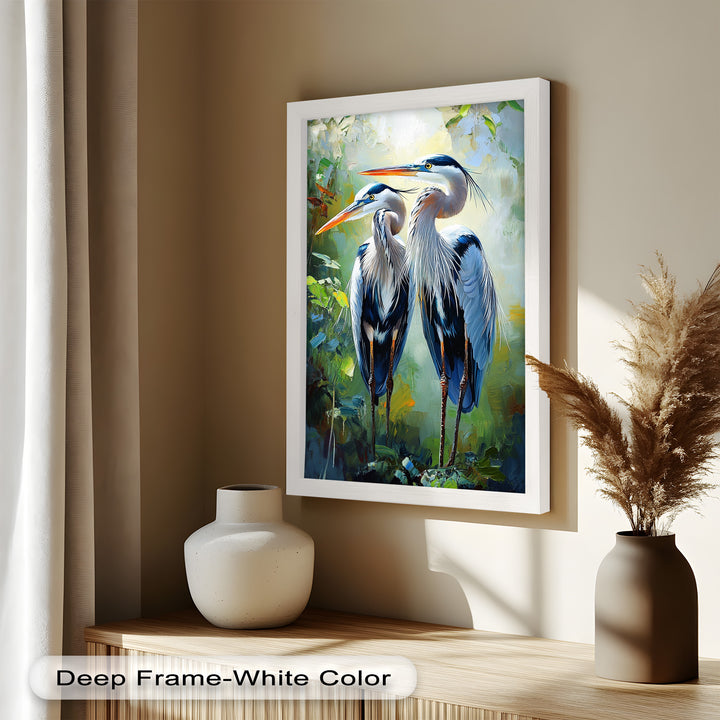 Pair of Herons in Forest Light – Animal Oil Painting