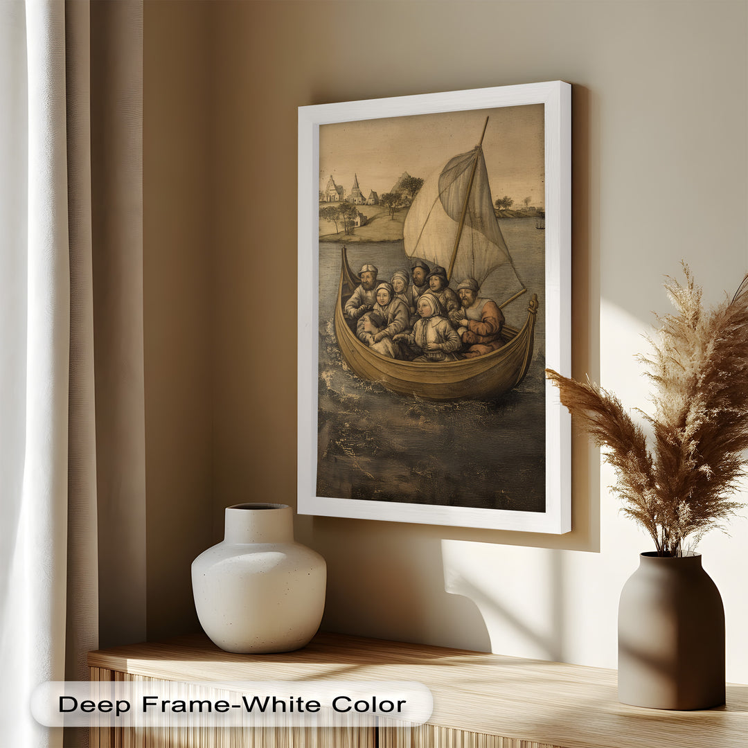 Medieval Sailors in Wooden Vessel - Historic Oil Painting