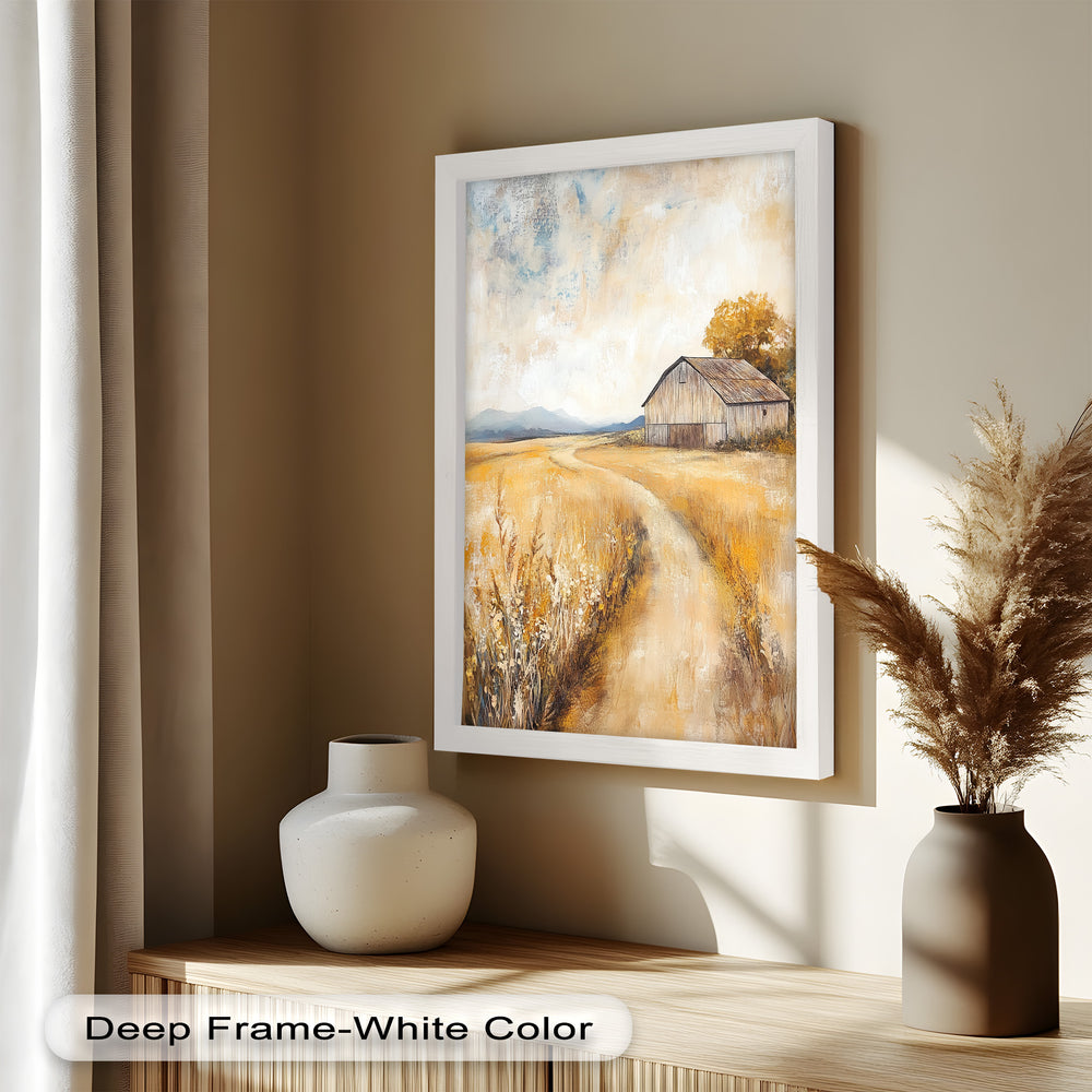 With soft brushstrokes and earthy tones, the artwork evokes a nostalgic sense of peace and rural simplicity.