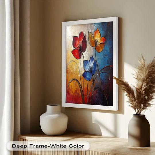Showing fluid and dynamic organic forms, this red, yellow, and blue floral oil painting offers a vibrant example of oil painting home decor with its expressive blooms.