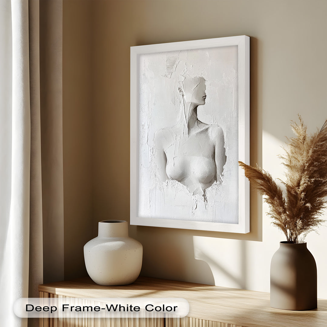 Silent Form – Minimalist White Abstract Female Oil Painting