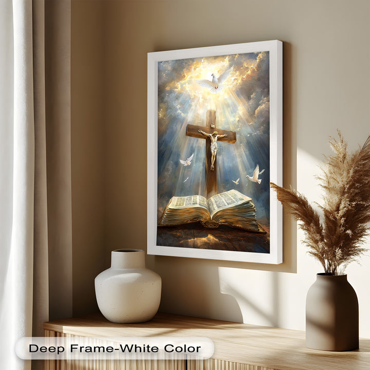 Jesus on the Cross with Open Bible and Doves - Oil Painting