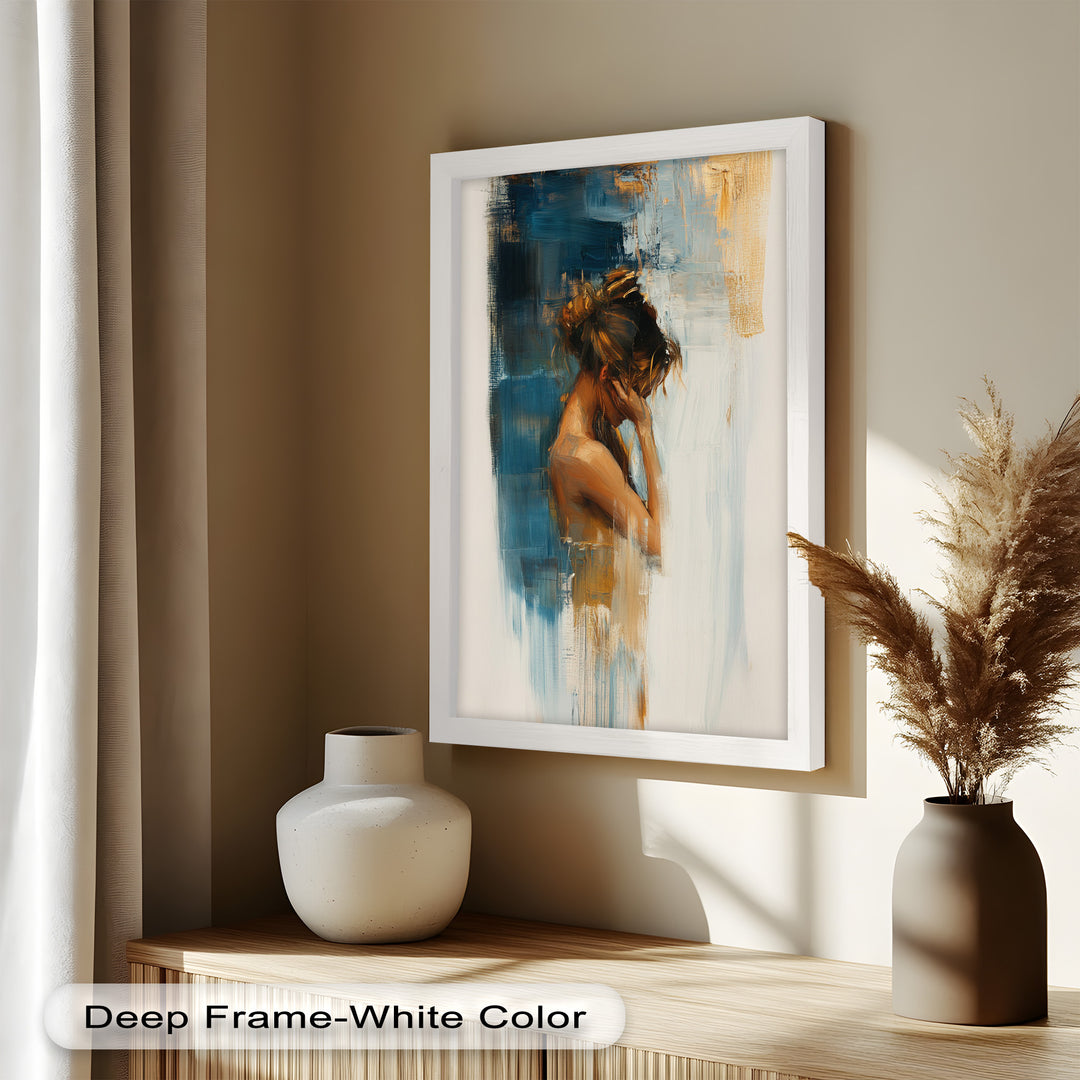 Veil of Thought – Introspective Woman in Blue and Gold Abstract Oil Painting