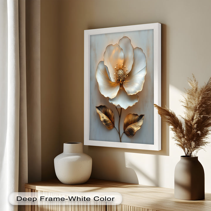 Golden Glow Bloom – White and Gold Flower Oil Painting