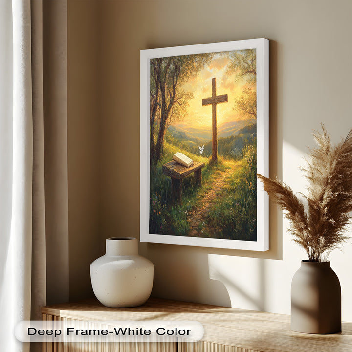 Pfad des Glaubens – Christliches Kreuz und Bibel-Ölgemälde
