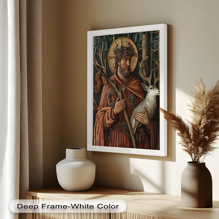 A serene and symbolic image of a bearded saintly figure in a woodland scene, accompanied by a deer and woodland creatures.

