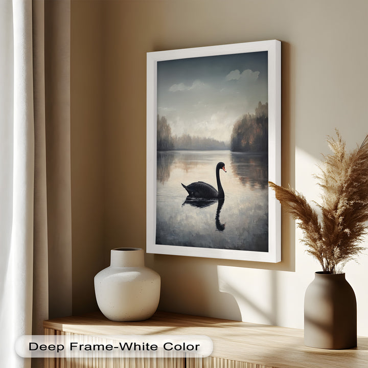 Black Swan at Dusk – Lake Scene Oil Painting