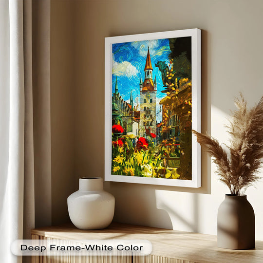 Finished with a white frame, this oil painting decoration showcases a vibrant European cityscape with a sunlit cathedral square scene.