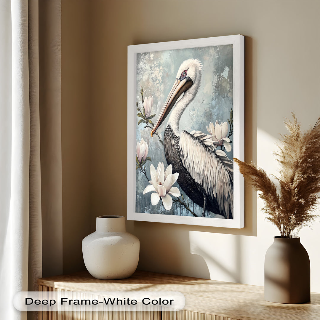 White Pelican Among Magnolia Blossoms - Animal Oil Painting