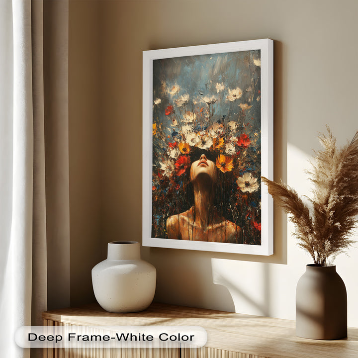 Floral Rebirth – Woman with Blossoming Crown Abstract Oil Painting