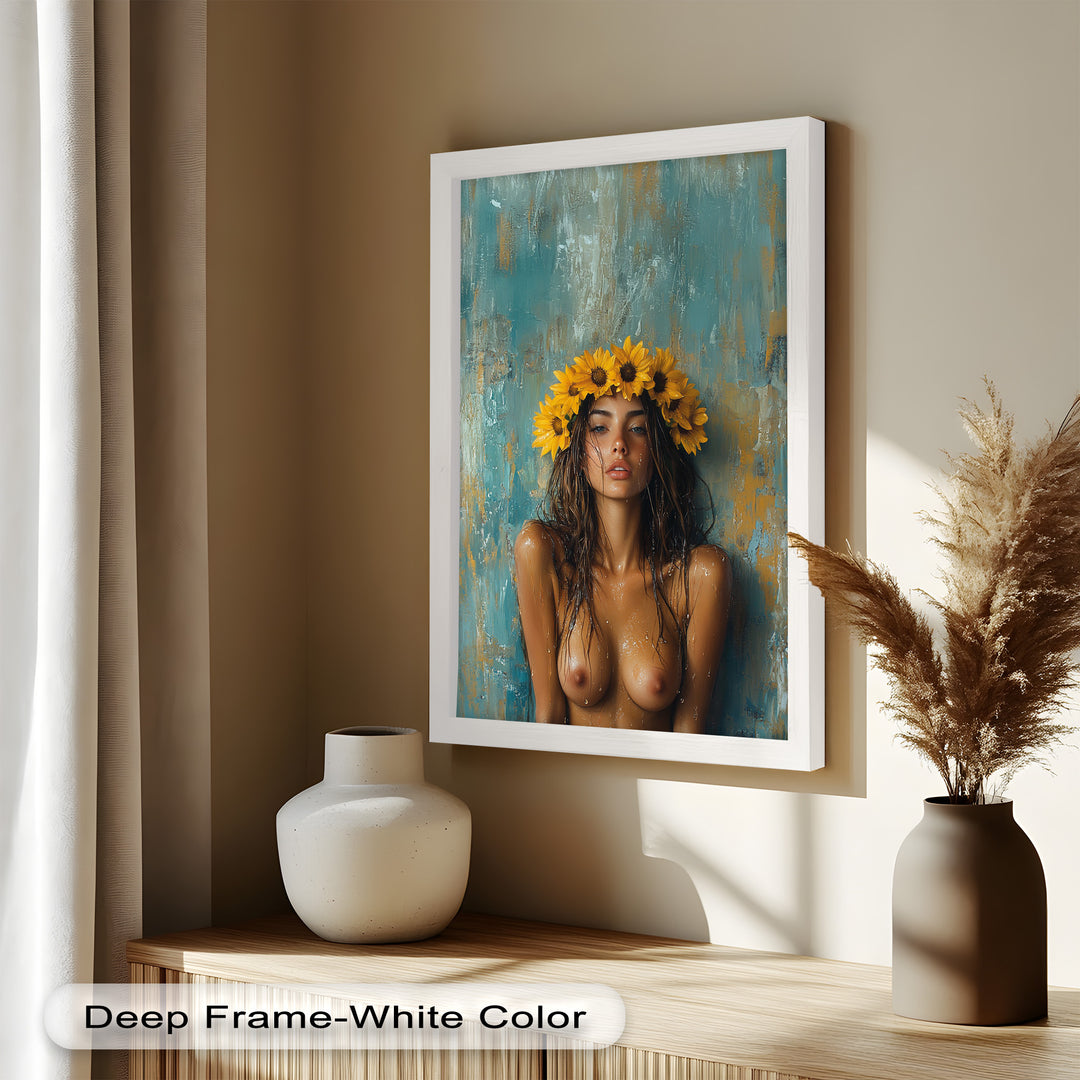 Sun-Kissed Solstice – Woman with Sunflower Crown Abstract Oil Painting