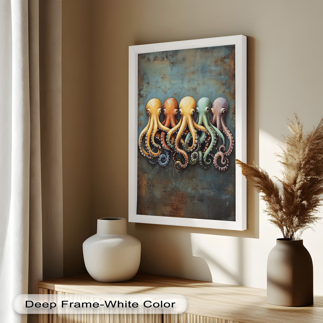 Whimsical Row of Octopuses – Colorful Sea Life Animal Oil Painting