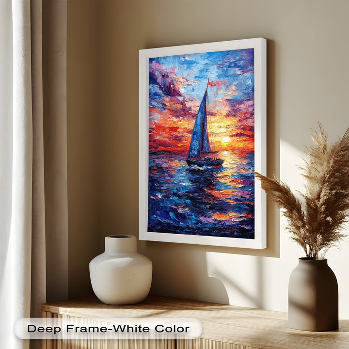 Crimson Horizon – Sunset Voyage Boat Oil Painting