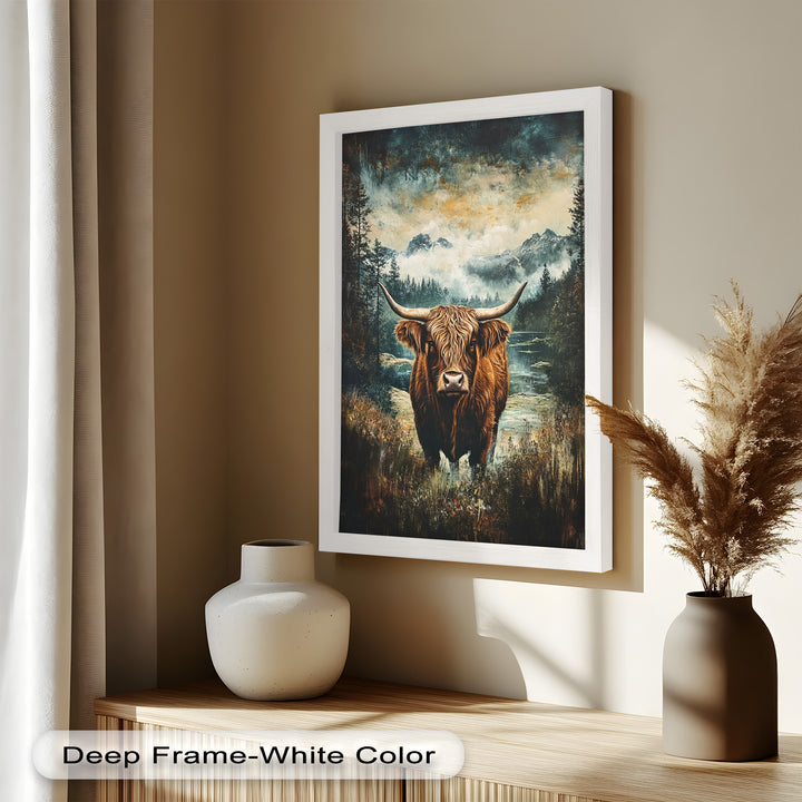 Highland Cow in Misty Pines – Wilderness Oil Painting