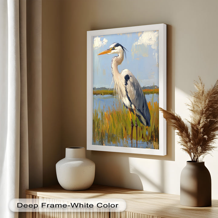 Heron in Sunlit Wetlands – Modern Oil Painting