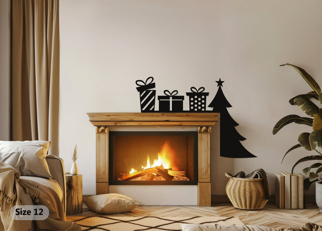 Regalos festivos y árbol de Navidad: Decoración de chimenea de metal