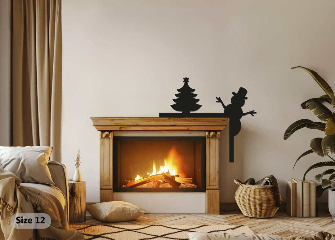 بهجة عيد الميلاد - ديكور معدني للمدفأة على شكل رجل ثلج وشجرة