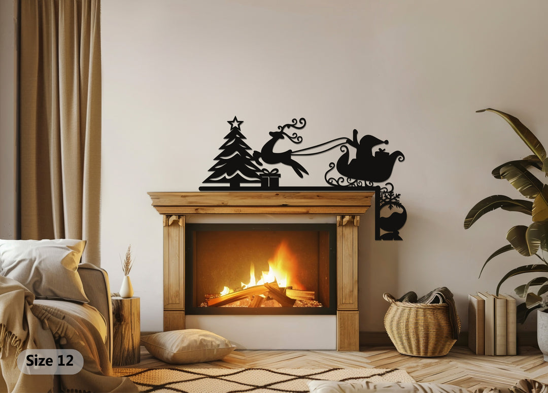 زلاجة سانتا وشجرة عيد الميلاد – ديكور معدني للمدفأة