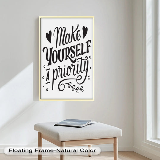 Visible surface texture of the framed “Make Yourself a Priority” oil painting home decor art print adds depth to the motivational typographic design.