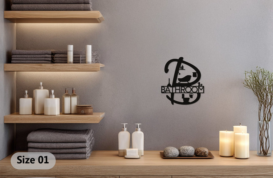 Metal bathroom wall sign with elegant typography