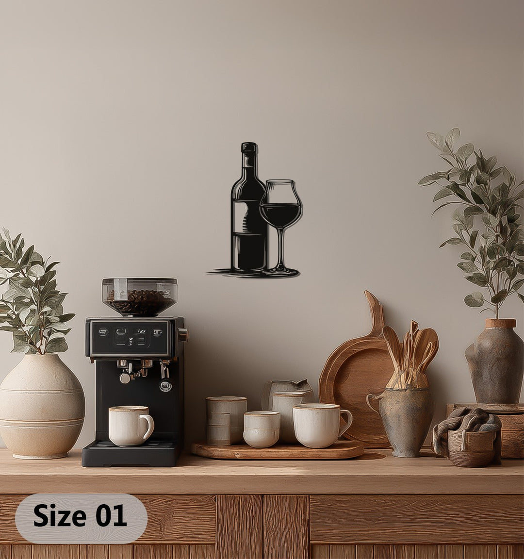 Wine Bottle & Glass Silhouette Metal Wall Art – Modern Bar & Kitchen Decor