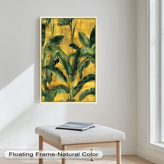 Surface texture highlights the golden banana leaf tropical botanical oil painting, revealing brushstroke details characteristic of modern oil painting art.