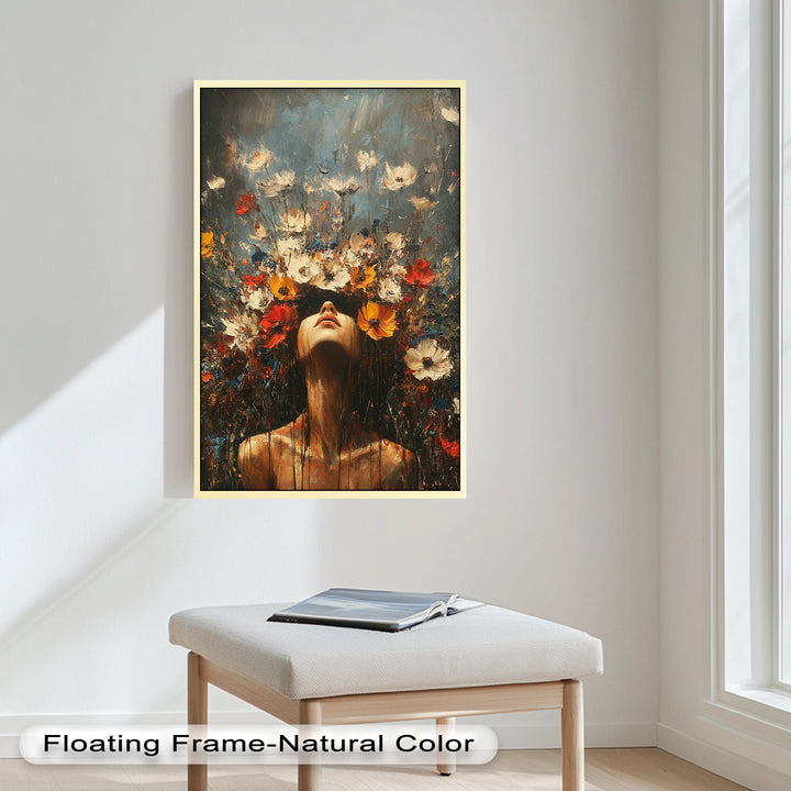 Floral Rebirth – Woman with Blossoming Crown Abstract Oil Painting