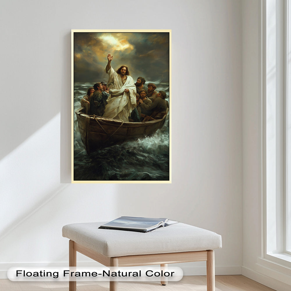 A powerful scene of Jesus in a boat with his disciples, raising his hand to still the raging sea during a storm.