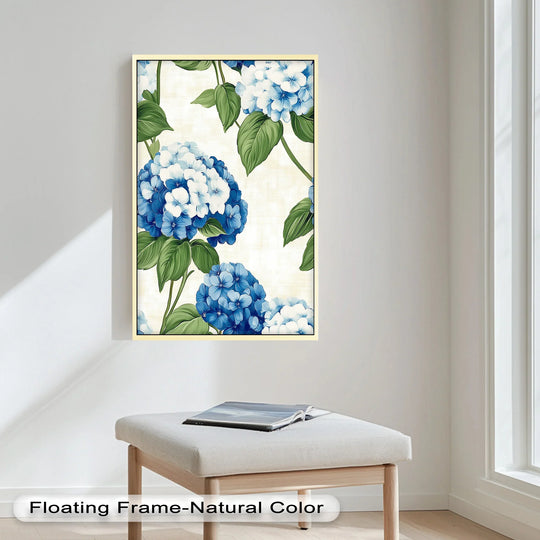 Natural wood finish frame complements the vibrant blues and greens of the 'Blue and White Blooming' floral oil painting decoration.