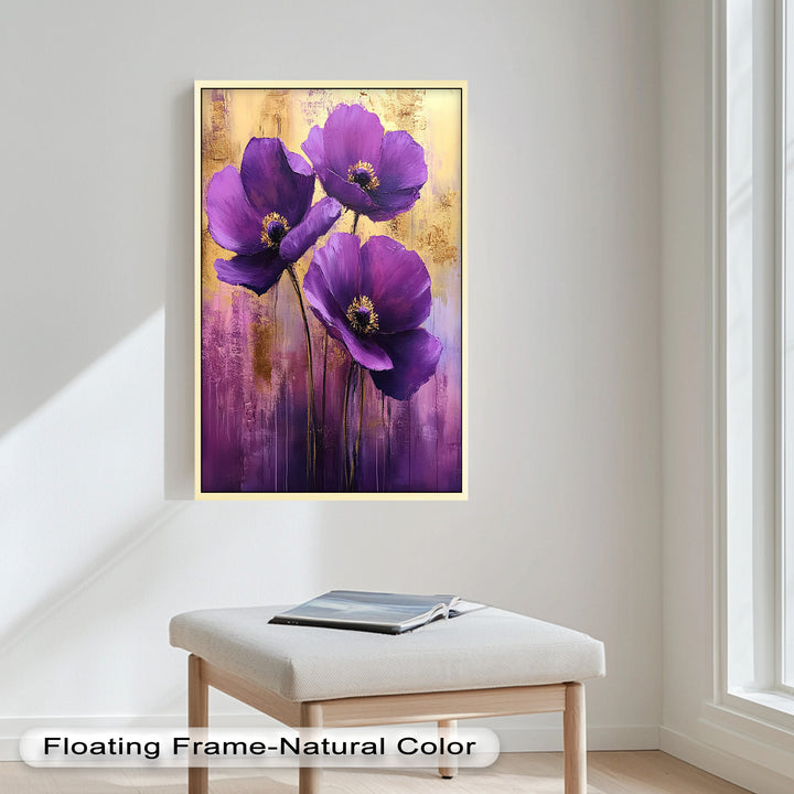 Velvet Blossoms – Purple Floral Elegance with Gold Flower Oil Painting