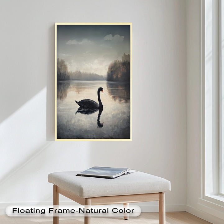 Black Swan at Dusk – Lake Scene Oil Painting