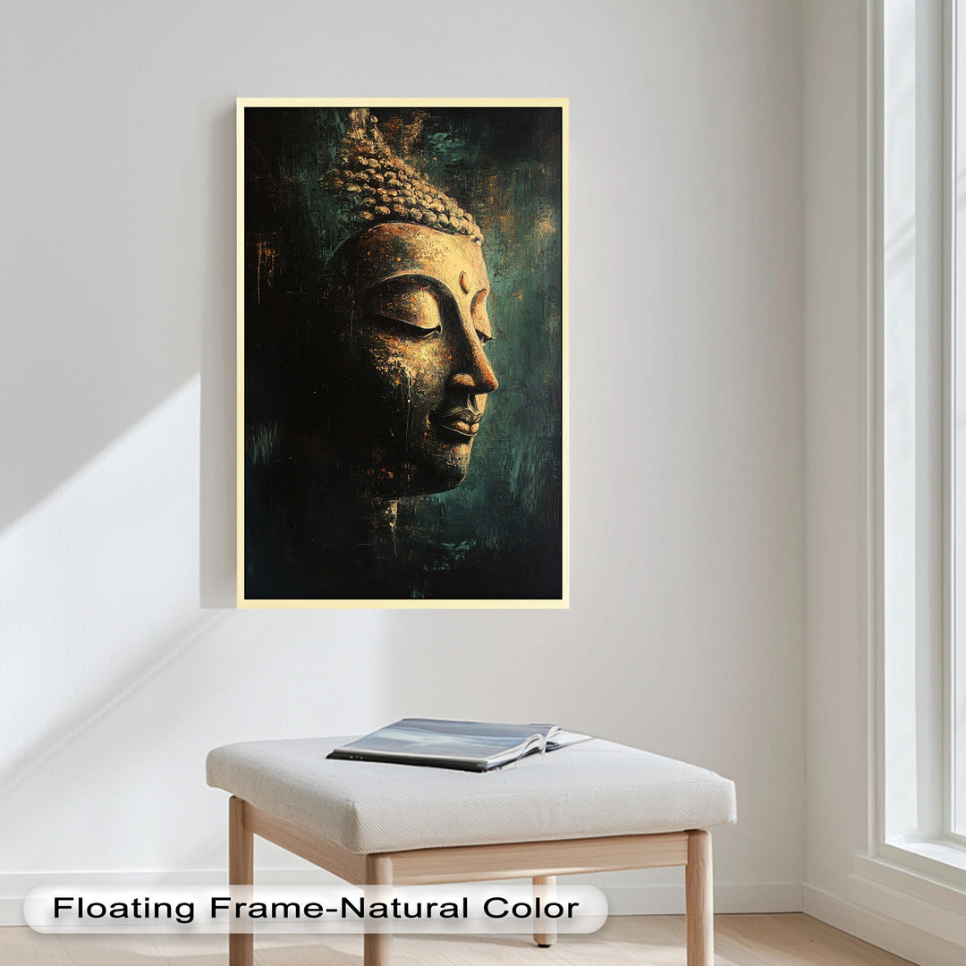 A contemplative Buddha face in profile, painted with textured strokes and glowing with inner tranquility.