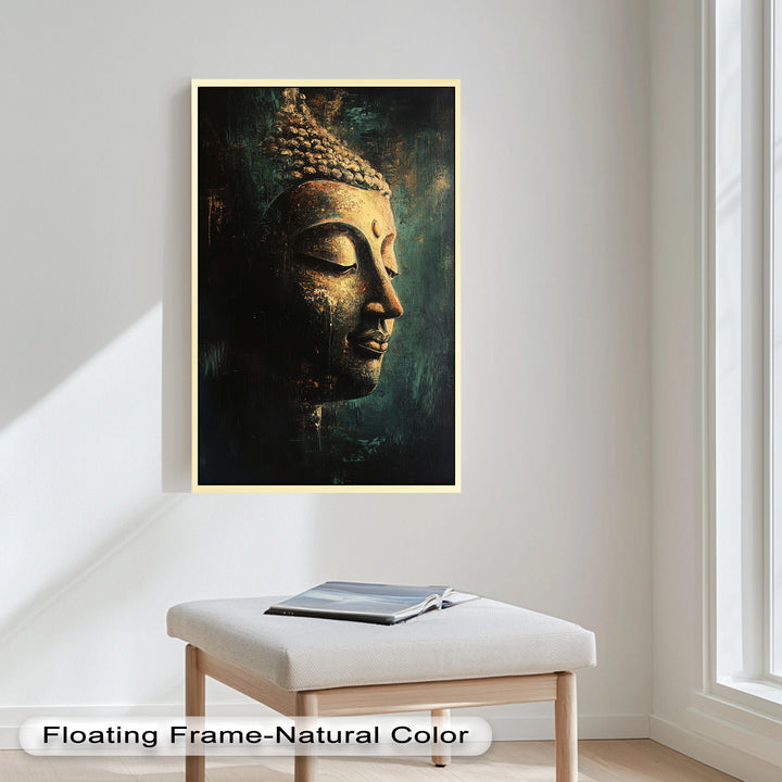 A contemplative Buddha face in profile, painted with textured strokes and glowing with inner tranquility.