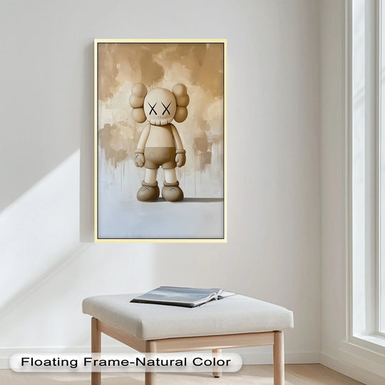 Warm color temperature enhances the minimalist KAWS oil painting reproduction print with monochromatic beige tones that exude quiet iconic style.