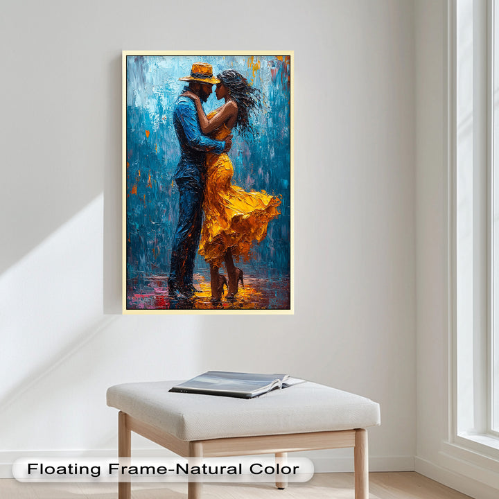 Midnight Embrace – Vibrant Couple in Yellow Dress Oil Painting
