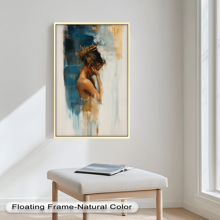 Veil of Thought – Introspective Woman in Blue and Gold Abstract Oil Painting