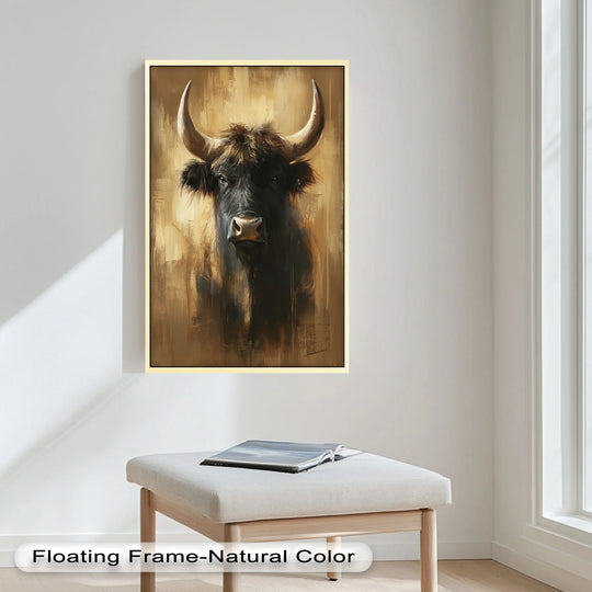 Visual rhythm is achieved through amber tones and brushstrokes, creating a captivating flow across the 'Bull in Amber Tones' animal oil painting art piece.