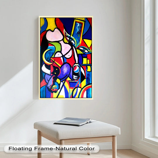 An energetic modern art piece blending pop culture and cubism, with fragmented faces, bright primary colors, and symbolic objects.