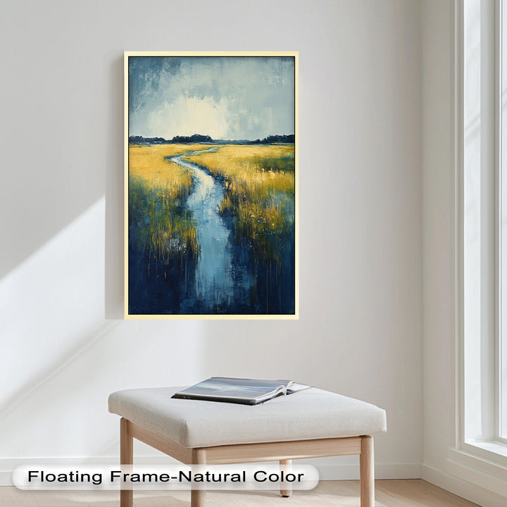 Golden Fields and Blue Stream – Contemporary Landscape Oil Painting