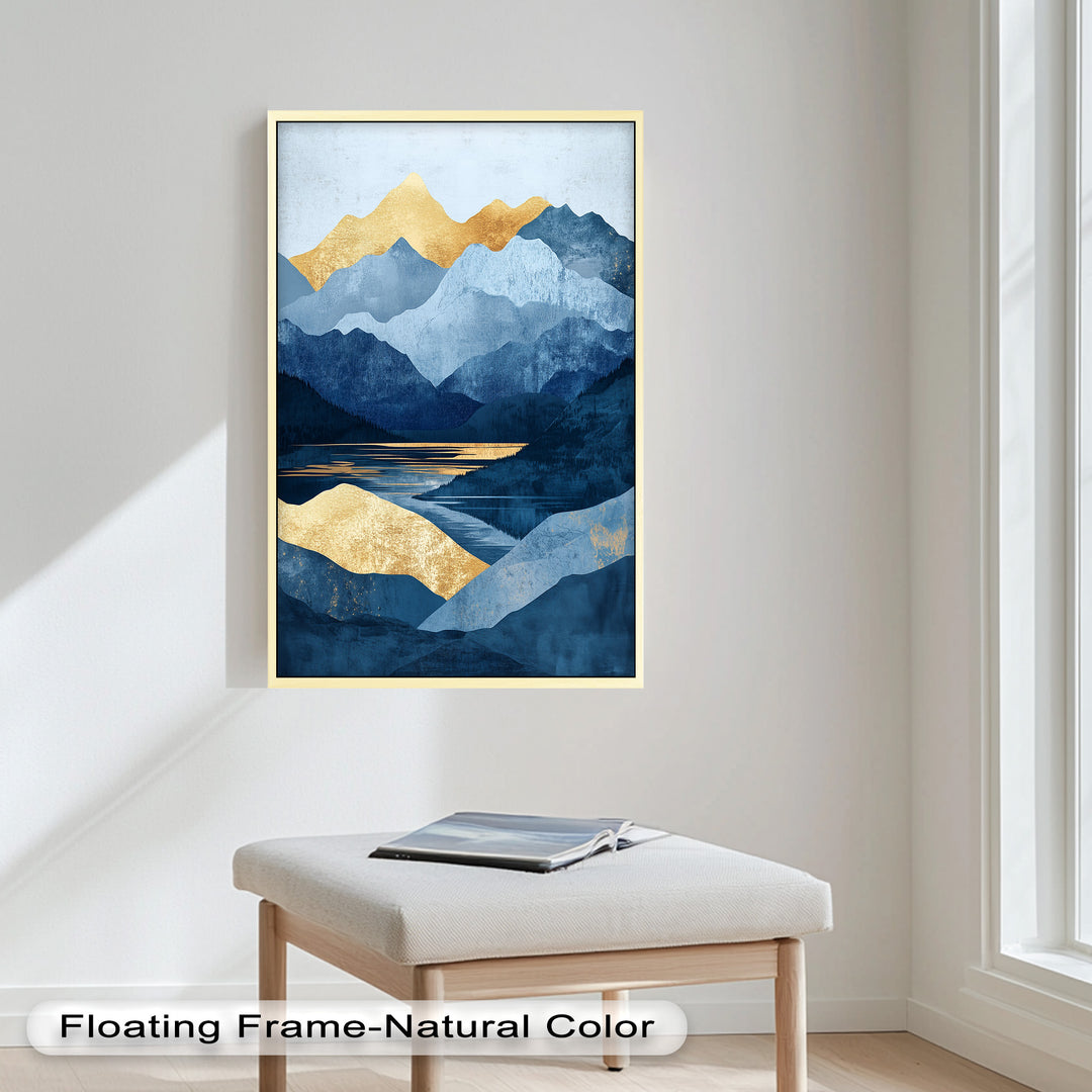 Golden Horizon – Abstract Blue Mountain Landscape Oil Painting