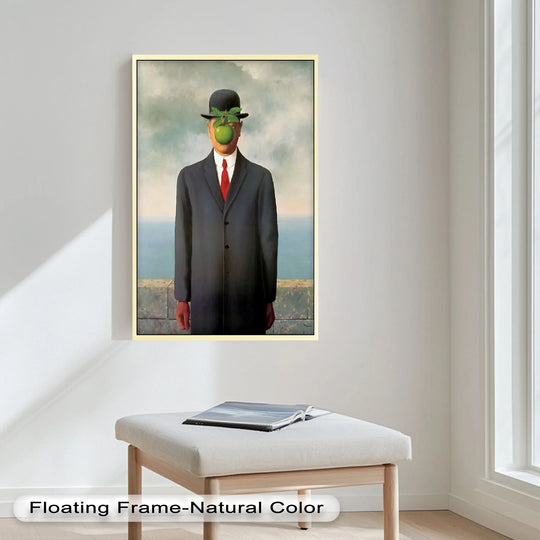 Finely crafted oil painting art piece displays the surrealist gentleman with green apple, showcasing the rich texture and vibrant colors indicative of high-quality oil paints.