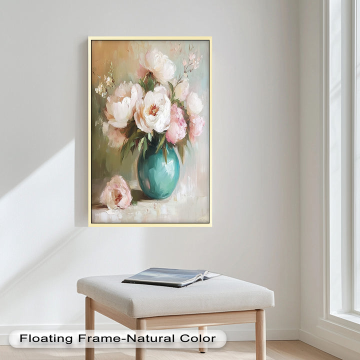 Blushing Peonies in Jade Vase – Romantic Flower Oil Painting