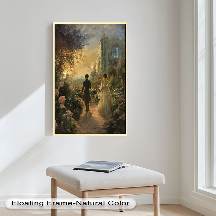 Victorian Lovers at Twilight – Romantic Garden Walk Oil Painting