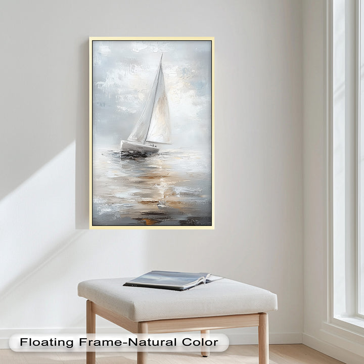 Sailing Through the Mist – White Boat Oil Painting