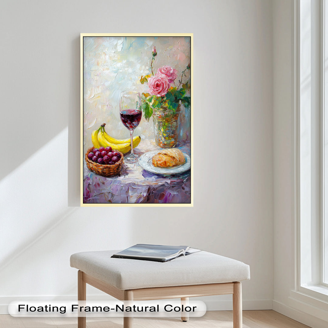 This charming still life painting captures a romantic breakfast scene with a glass of red wine, fresh fruit, a pastry, and a vase of blooming pink roses.

