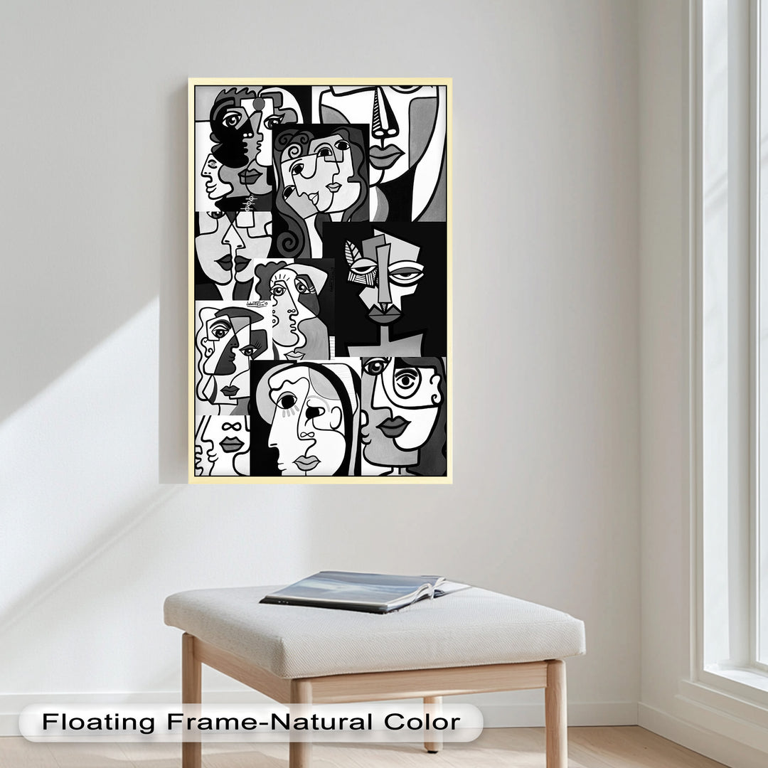 Monochrome Muse – Picasso-inspiriertes Ölgemälde mit kubistischen Gesichtern