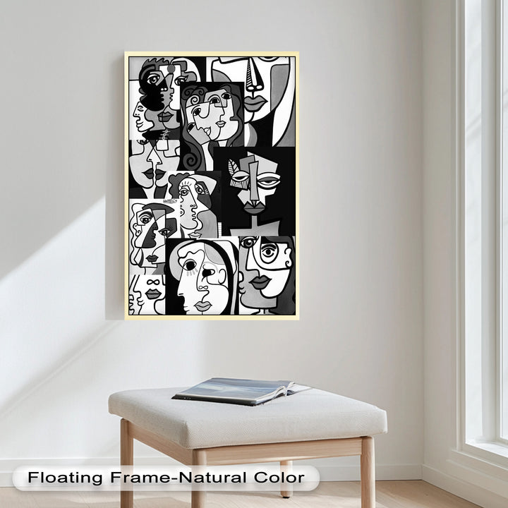Monochrome Muse – Picasso-inspiriertes Ölgemälde mit kubistischen Gesichtern