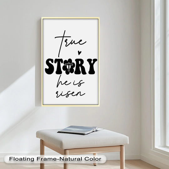 Warm color temperatures highlight the inviting 'True Story - He Is Risen' Christian oil painting artwork, creating a serene focal point.